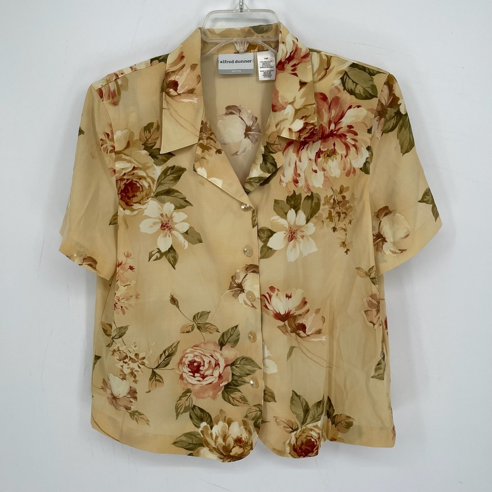 Alfred Dunner Women's Yellow Floral Short Sleeve Button Front Top Size 14P